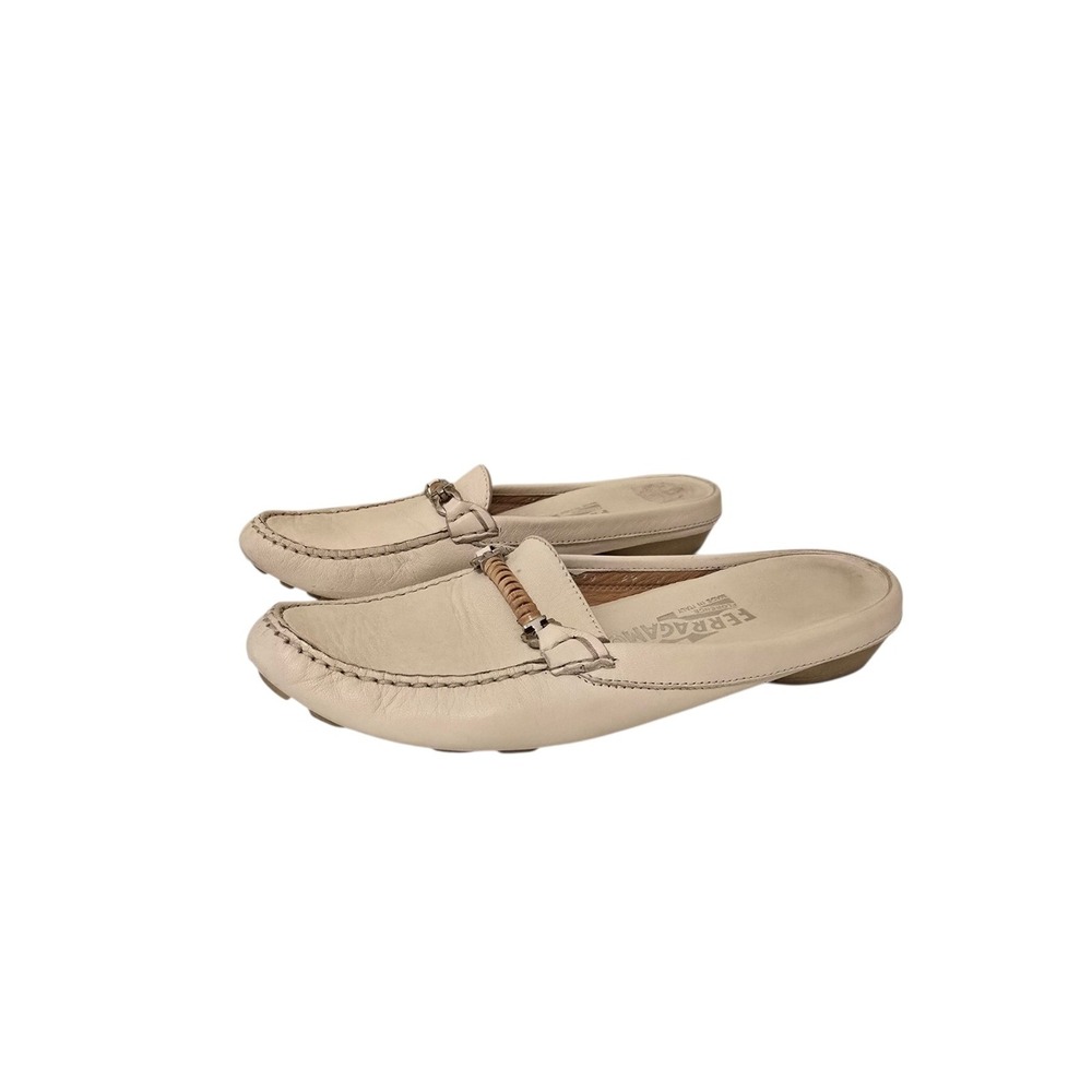 Ferragamo Arema Gancini Slip On Leather Mules Women's Size 6.5 B Cream